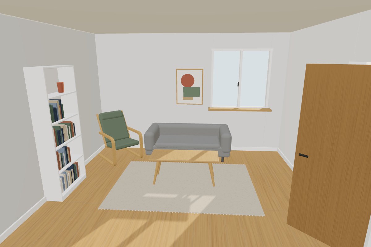 The first layout: sofa against the photographed wall, coffee table in front, bookcase on the left wall
